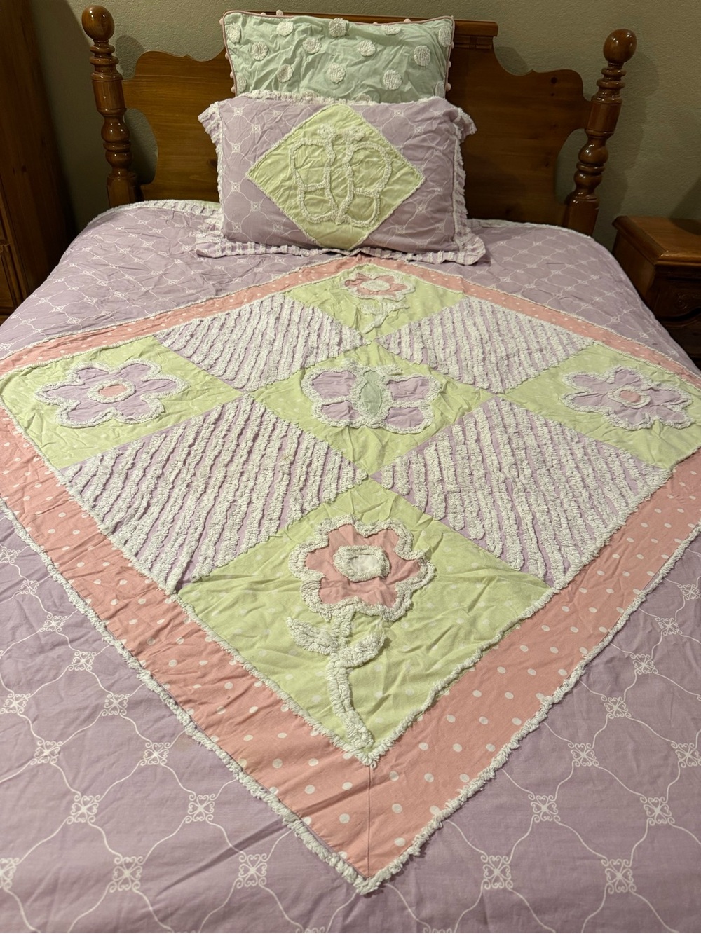 Pastel Floral Patchwork Chenille Quilt - Lavender, Pink & Sage